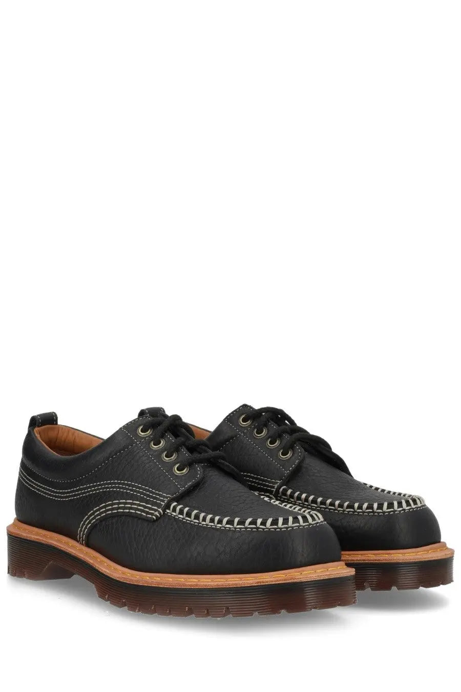 Black leather dr martens unisex mocassino lowell moc toe shoe showing front view with detailed stitching
