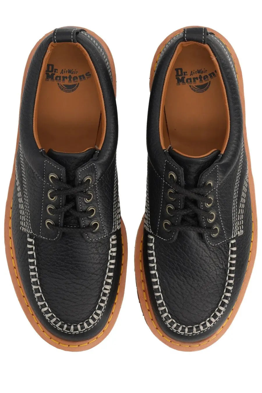 Black leather dr martens unisex mocassino lowell moc toe shoe showing the back side of the boot