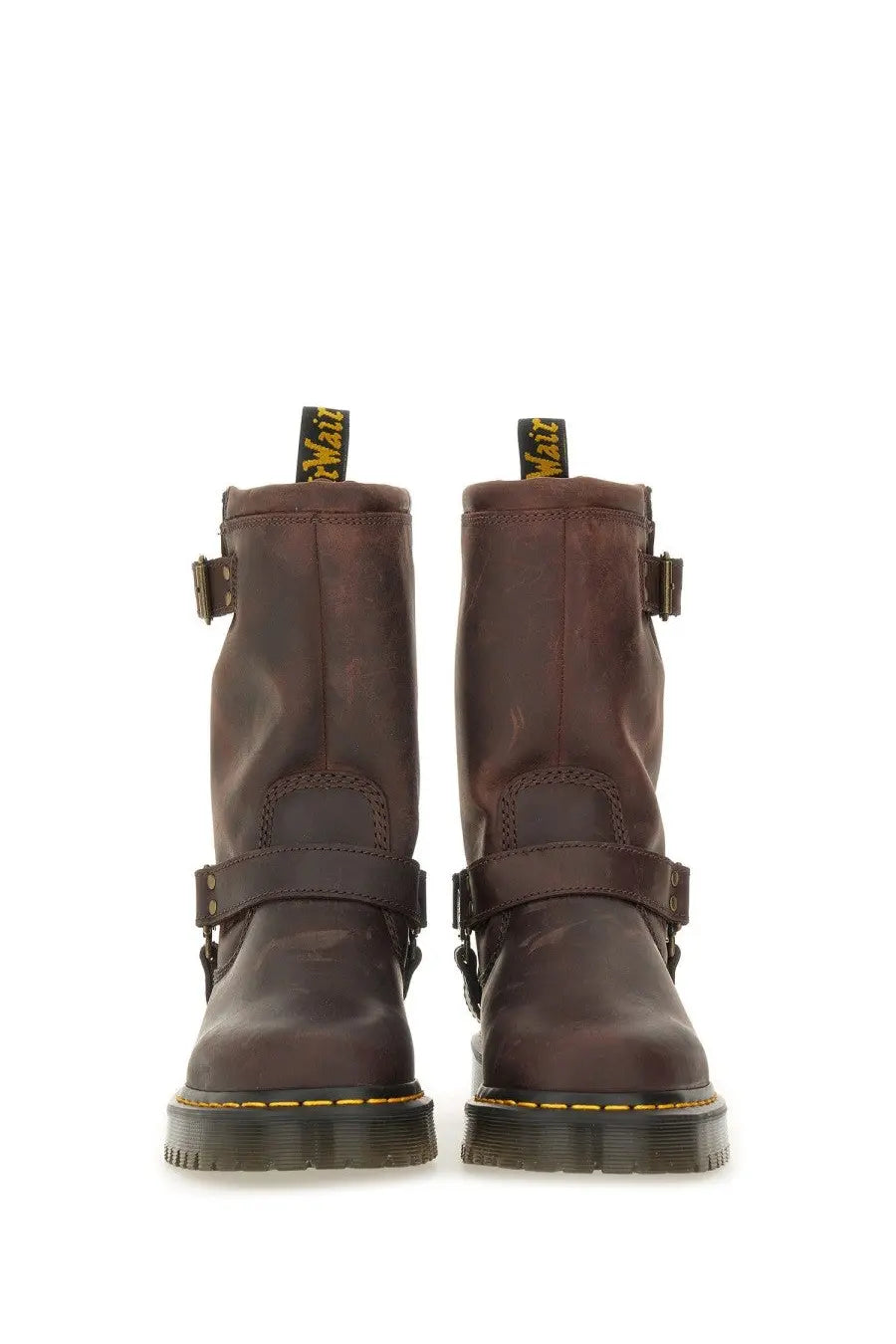 Dark brown leather dr martens women’s boot anistone brown showing the back side of the footwear