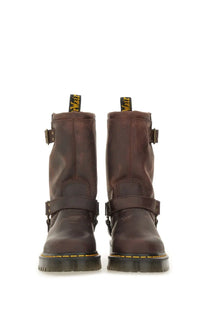 Dark brown leather dr martens women’s boot anistone brown showing the back side of the footwear