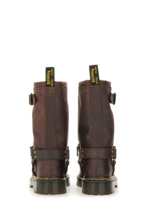 Dark brown leather dr martens women’s boot anistone brown showing the back side of the boot