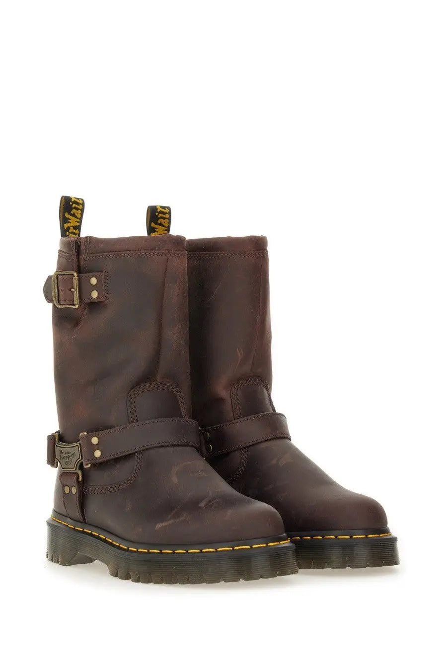 Dark brown leather dr martens women’s boot anistone brown showing the back side of the footwear