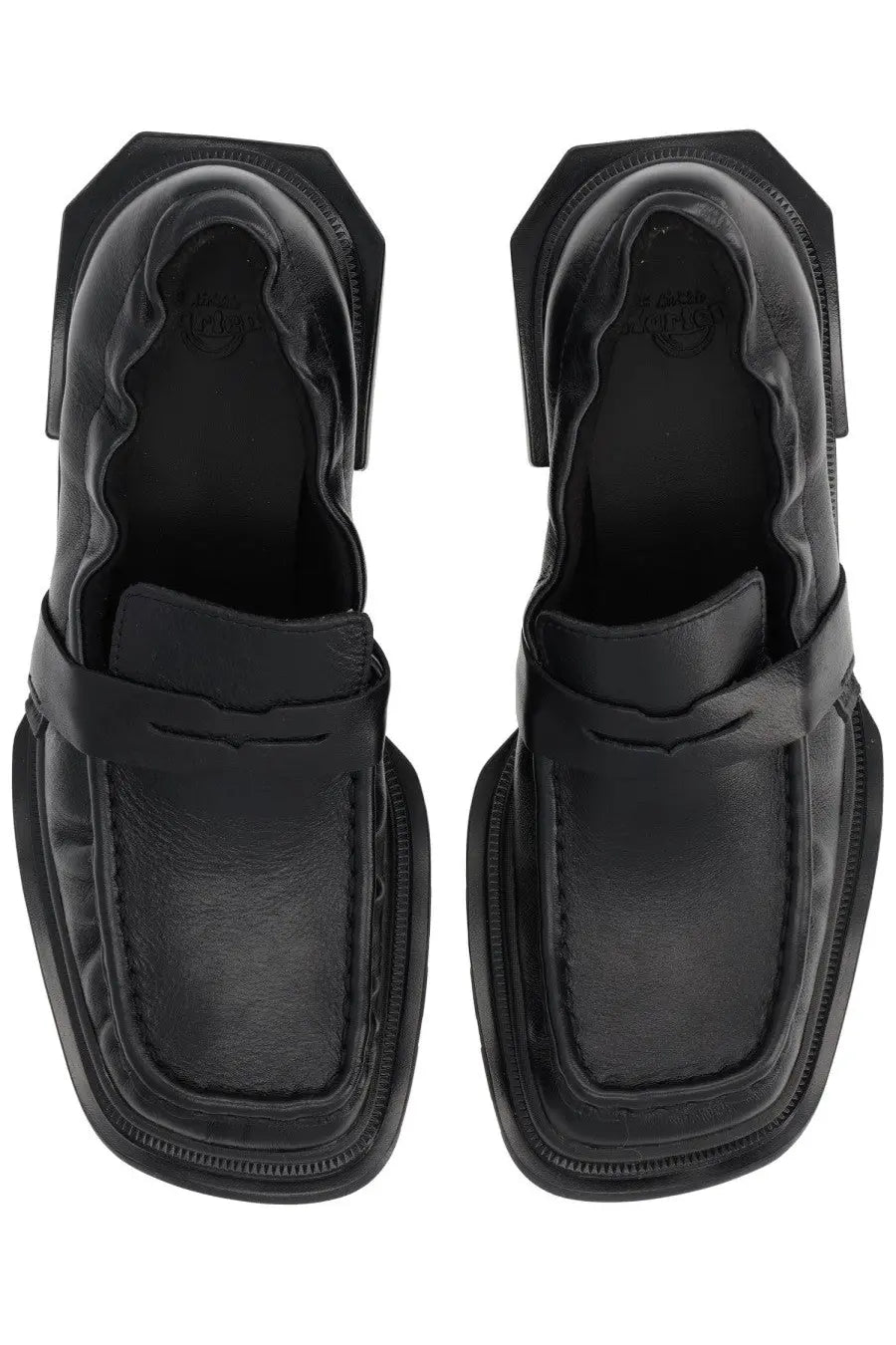 Dr Martens women’s moccasin Maybole black leather loafers with bold geometric design and thick soles