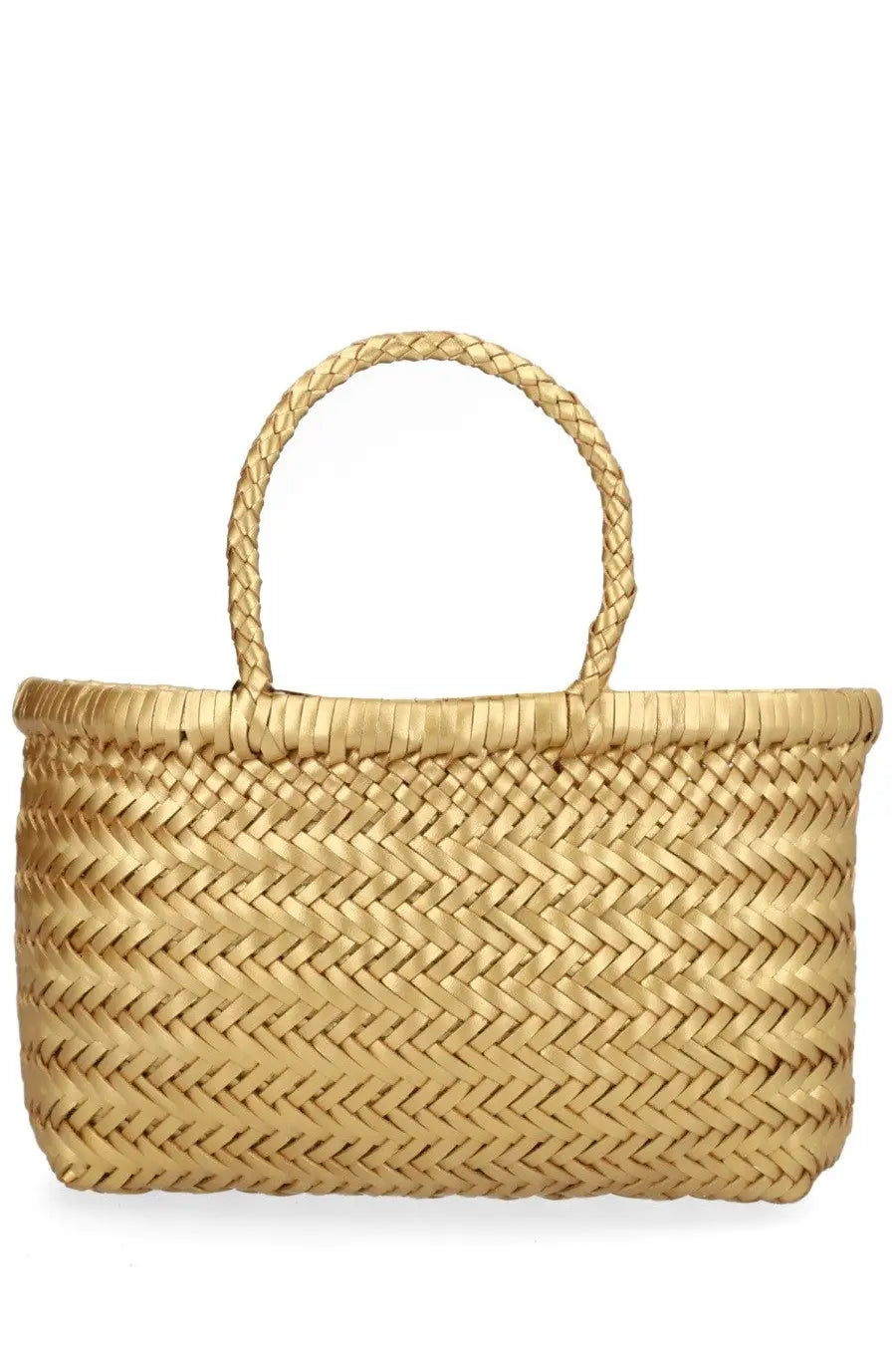 Dragon Diffusion women’s borsa flat gora mini gold woven straw tote bag with herringbone pattern and braided handles
