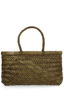 Dragon Diffusion women’s brown woven straw tote bag with herringbone pattern and braided handles