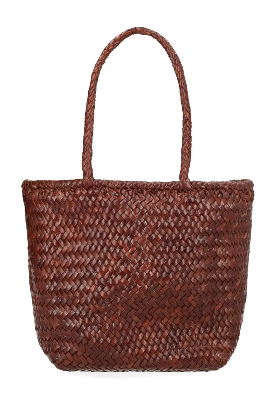 Brown woven straw tote bag with braided handles from Dragon Diffusion women’s Borsa Grace Basket small brown