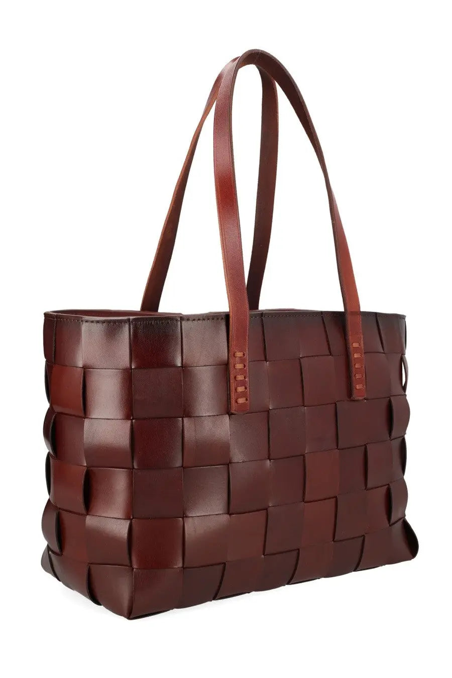 Brown leather woven tote bag with structured rectangular shape and matching handles from dragon diffusion women’s borsa japan tote brown