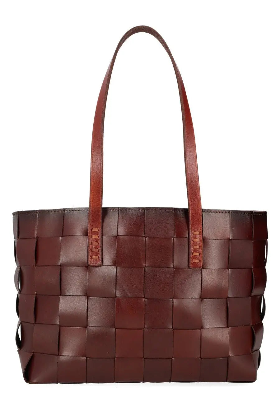 Brown woven leather tote bag with structured rectangular shape and matching handles from dragon diffusion