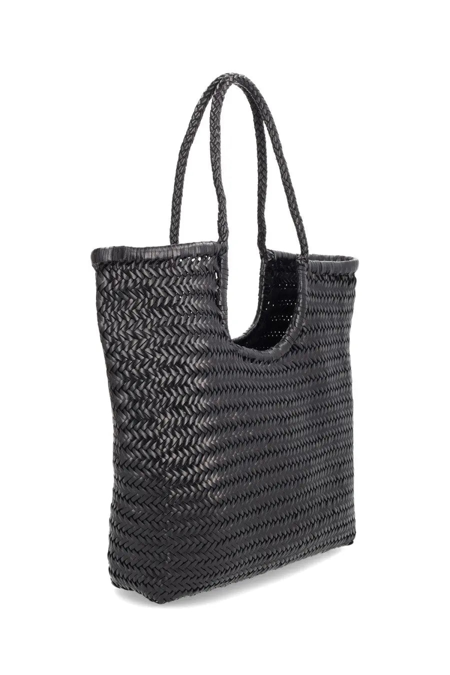 Black woven Dragon Diffusion women’s tote bag with braided handles and diagonal triple jump design