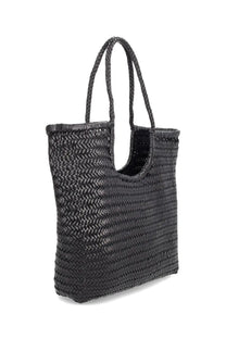 Black woven Dragon Diffusion women’s tote bag with braided handles and diagonal triple jump design