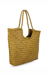 Dragon diffusion women’s woven straw tote bag with green herringbone pattern and braided handles