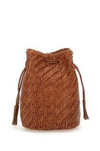Brown woven leather bucket bag with drawstring closure and tassels from dragon diffusion womens borsa pompom double jump tan beige