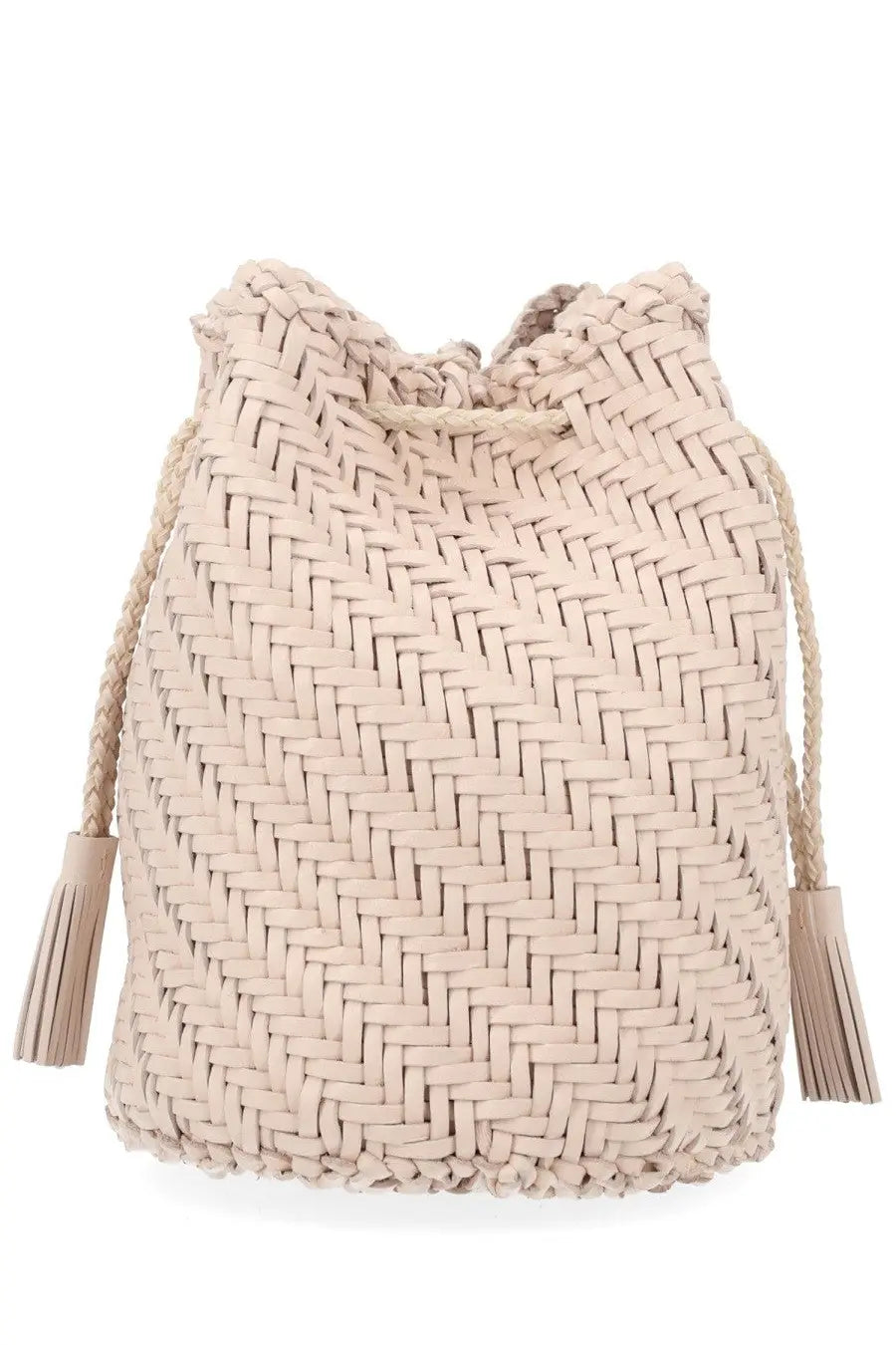 Beige woven leather drawstring bucket bag with tassel details from Dragon Diffusion borsa pompom double jump
