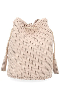 Beige woven leather drawstring bucket bag with tassel details from Dragon Diffusion borsa pompom double jump