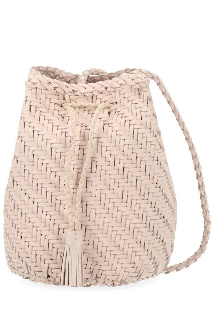 Dragon Diffusion women’s borsa pompom double jump tan beige beige woven bucket bag with braided drawstring and tassel detail