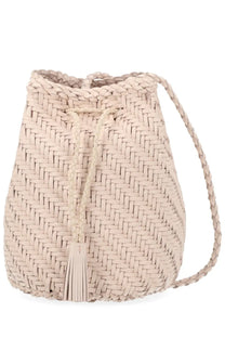 Dragon Diffusion women’s borsa pompom double jump tan beige beige woven bucket bag with braided drawstring and tassel detail