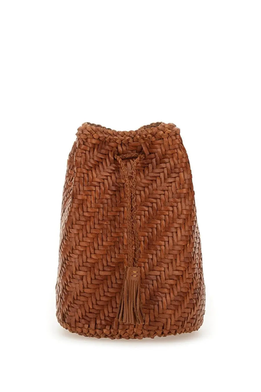 A tan woven leather bucket bag with drawstring closure and tassel detail from Dragon Diffusion womens Borsa Pompom double jump tan beige