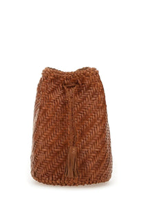 A tan woven leather bucket bag with drawstring closure and tassel detail from Dragon Diffusion womens Borsa Pompom double jump tan beige