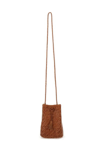 Dragon diffusion women’s tan beige woven bucket bag with braided strap and tassel drawstring closure