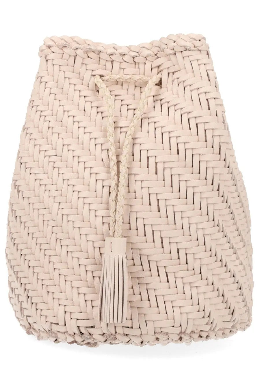 Beige woven leather drawstring bucket bag with tassel detail from dragon diffusion womens borsa pompom double jump tan beige
