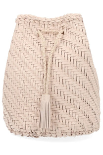 Beige woven leather drawstring bucket bag with tassel detail from dragon diffusion womens borsa pompom double jump tan beige