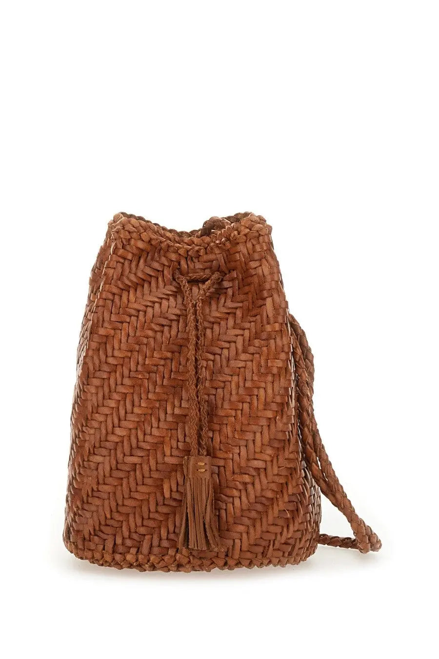 Dragon diffusion womens borsa pompom double jump tan beige tan woven leather bucket bag with braided drawstring closure