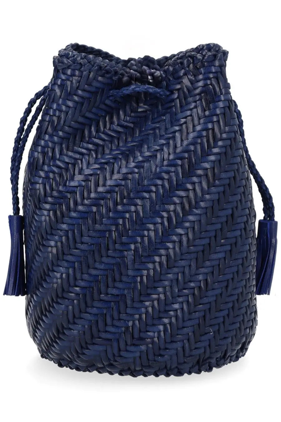 Navy blue woven leather drawstring bag with tassels from Dragon Diffusion women’s borsa pompom double jump tan blue collection