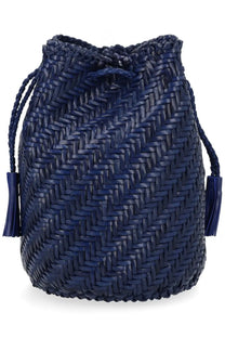 Navy blue woven leather drawstring bag with tassels from Dragon Diffusion women’s borsa pompom double jump tan blue collection