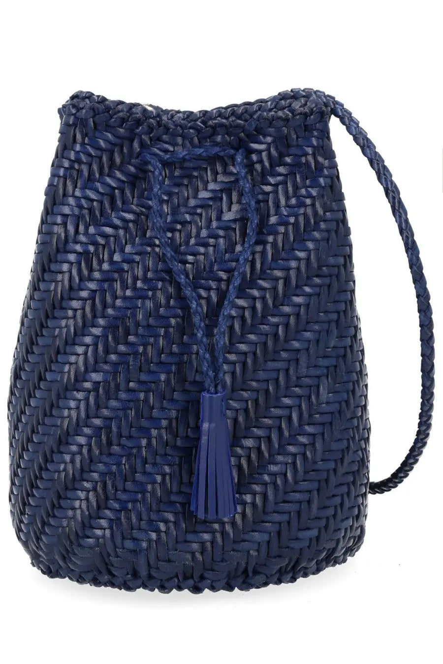Navy blue woven bucket bag with braided drawstring and tassel detail from Dragon Diffusion women’s Borsa Pompom series