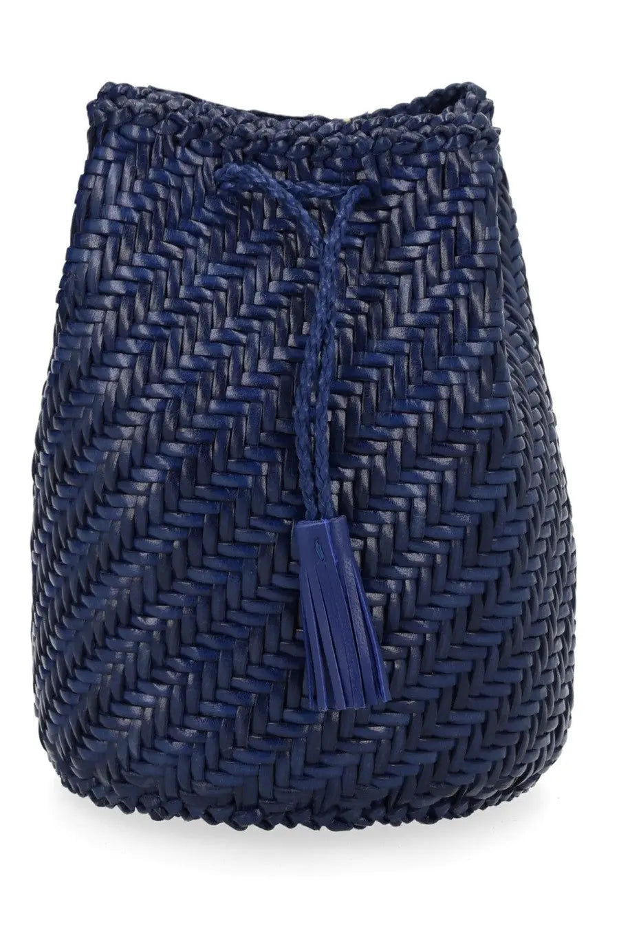 Dragon diffusion women’s navy blue woven leather bucket bag with drawstring closure and tassel detail
