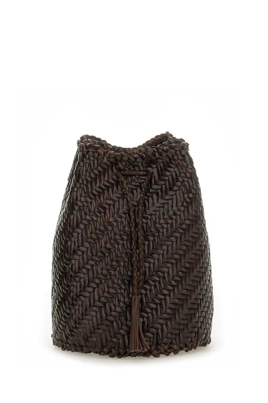Dragon Diffusion women’s tan brown woven bucket bag with braided drawstring tassel and pompom detail