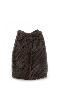 Dragon Diffusion women’s tan brown woven bucket bag with braided drawstring tassel and pompom detail
