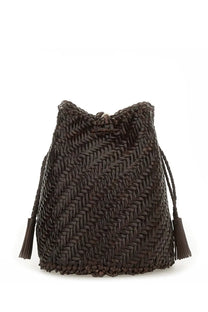 Dark brown woven bucket bag with braided drawstring and tassels from dragon diffusion borsa pompom double jump tan brown