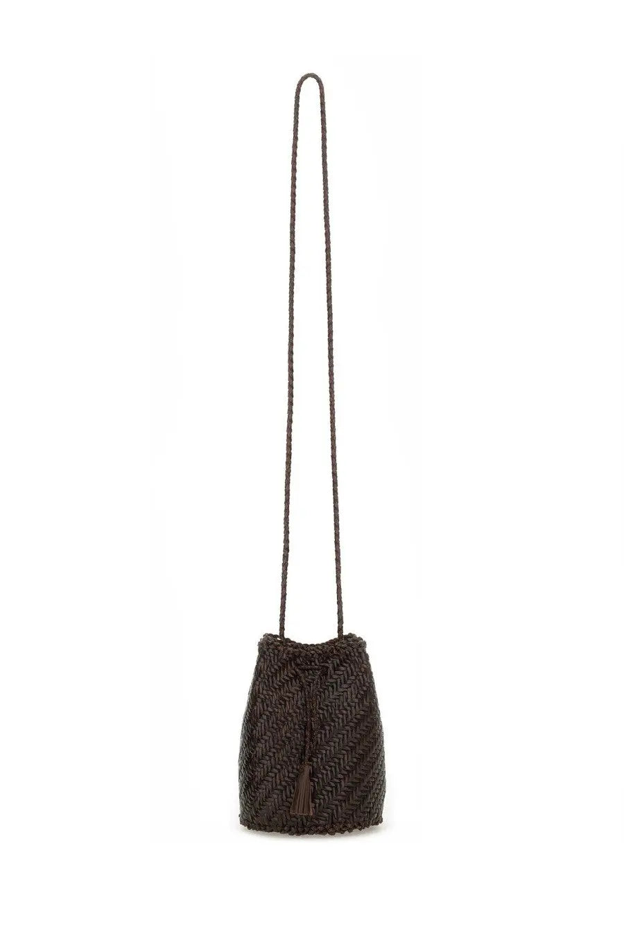 Dragon Diffusion women’s dark brown woven bucket bag with braided shoulder strap and tassel detail in tan brown