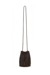 Dragon Diffusion women’s dark brown woven bucket bag with braided shoulder strap and tassel detail in tan brown
