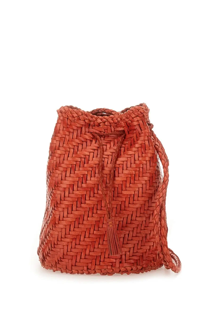Dragon diffusion women’s woven orange leather drawstring backpack with herringbone pattern and tassel detail