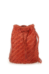 Dragon diffusion women’s woven orange leather drawstring backpack with herringbone pattern and tassel detail