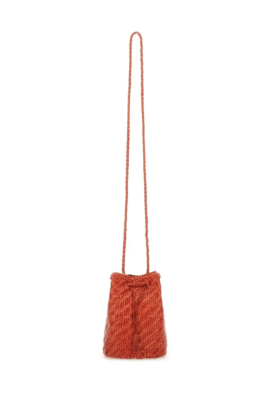 Dragon diffusion women’s borsa pompom double jump tan orange woven bucket bag with matching braided shoulder strap