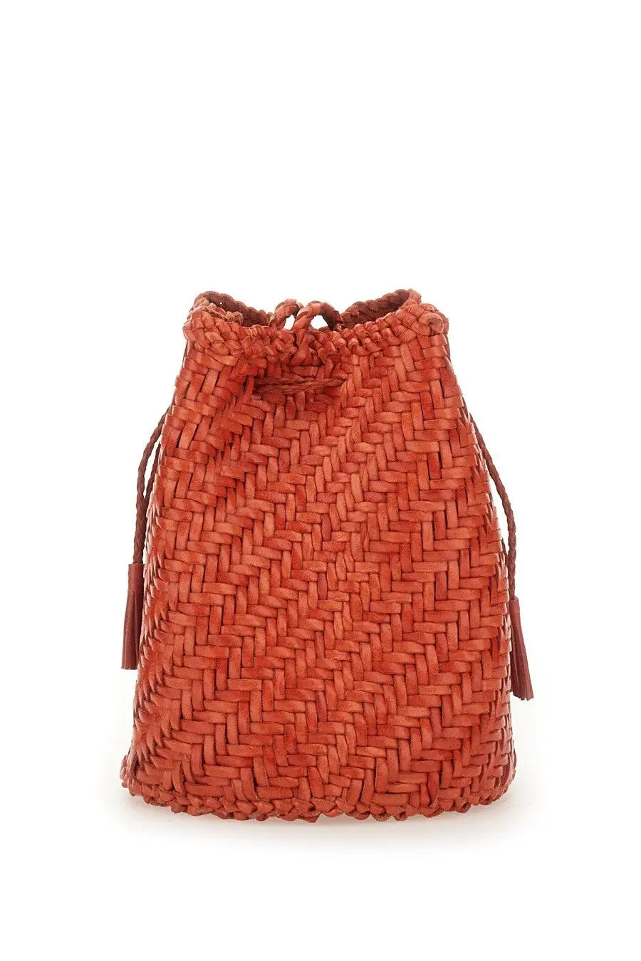 Dragon Diffusion women’s borsa pompom double jump tan orange woven leather drawstring bucket bag with tassels