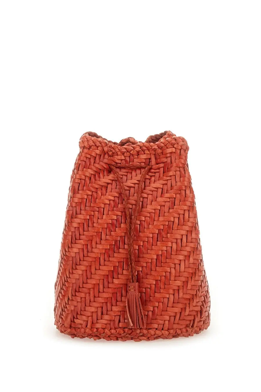 Dragon diffusion women’s borsa pompom double jump tan orange woven orange leather bucket bag with drawstring and tassel detail