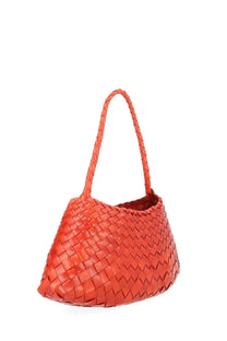 A vibrant orange woven leather handbag with braided handle and zigzag pattern from Dragon Diffusion Rosanna collection