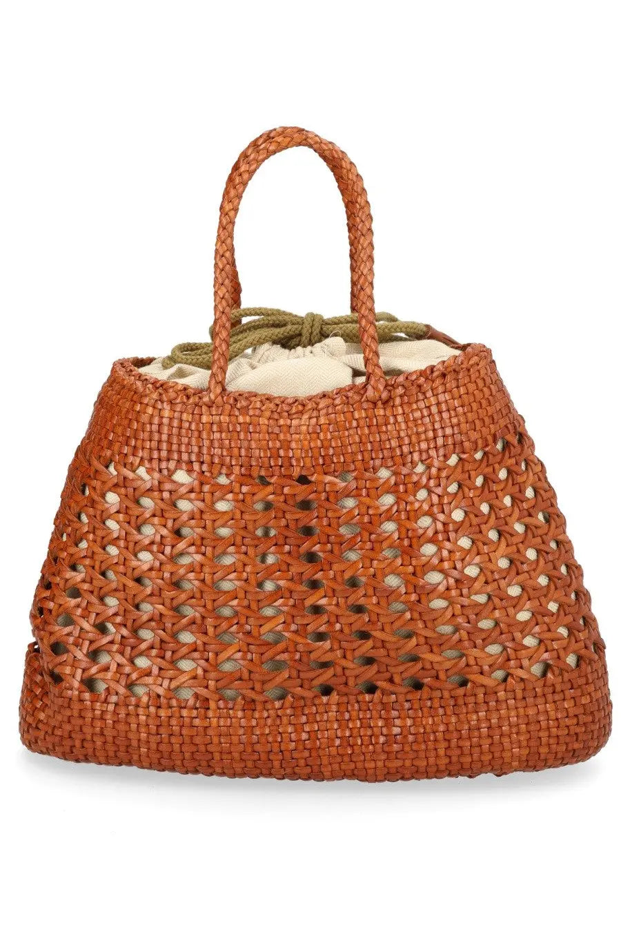 Tan woven straw tote bag with braided handles and drawstring closure by Dragon Diffusion in beige