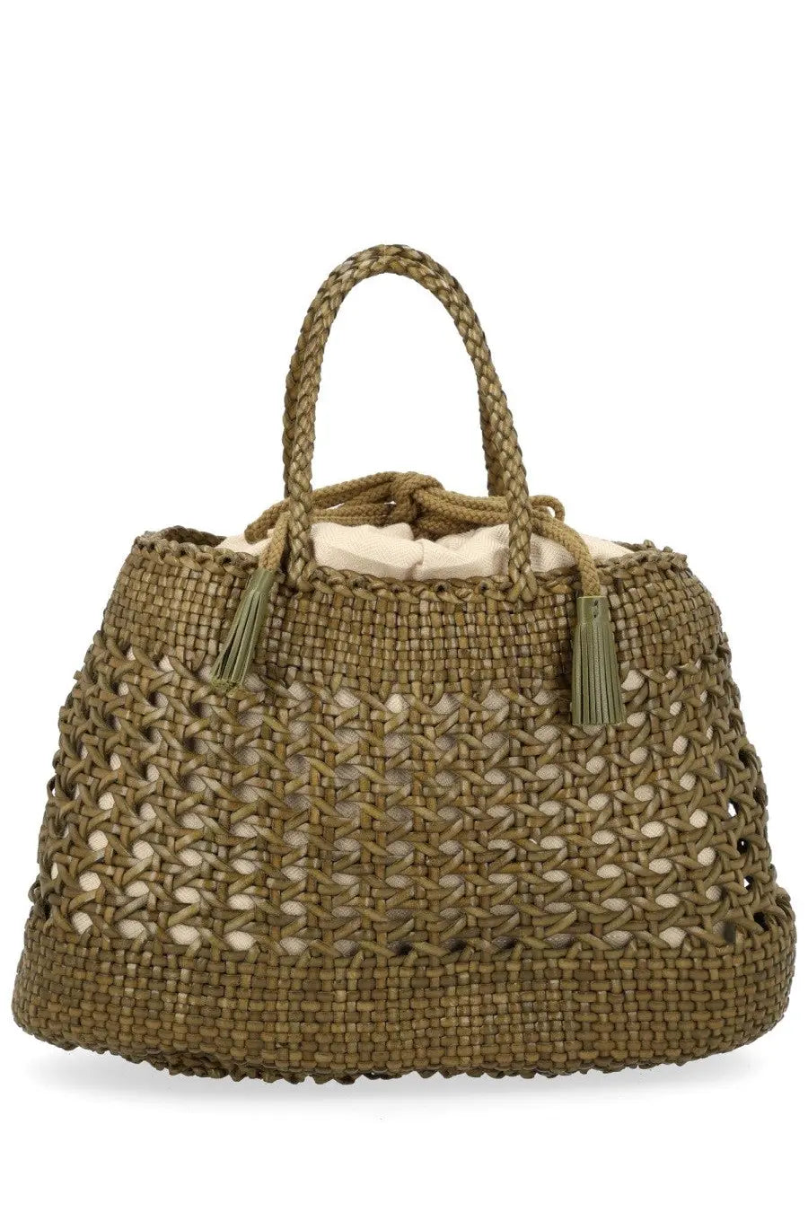 Dragon diffusion women’s borsa santa cano green olive green woven straw tote bag with braided handles and tassels