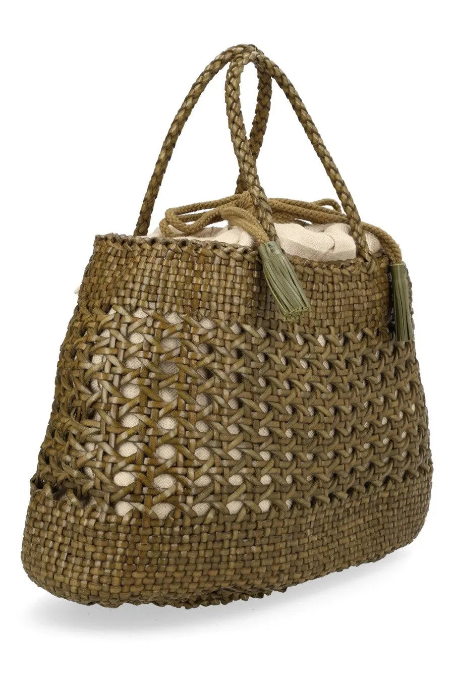 Dragon Diffusion women’s olive green woven straw tote bag with braided handles and tassel accents borsa santa cano green
