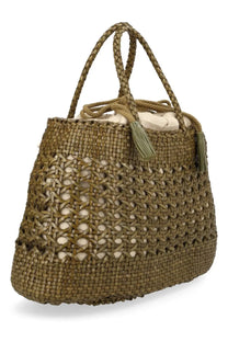 Dragon Diffusion women’s olive green woven straw tote bag with braided handles and tassel accents borsa santa cano green