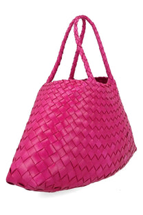Dragon diffusion women’s borsa santa croce small pink vibrant fuchsia handbag with woven leather pattern and braided handles