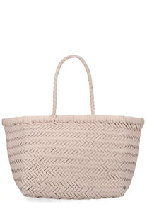 Dragon diffusion women’s borsa triple jump small beige woven leather tote bag with herringbone pattern and braided handles