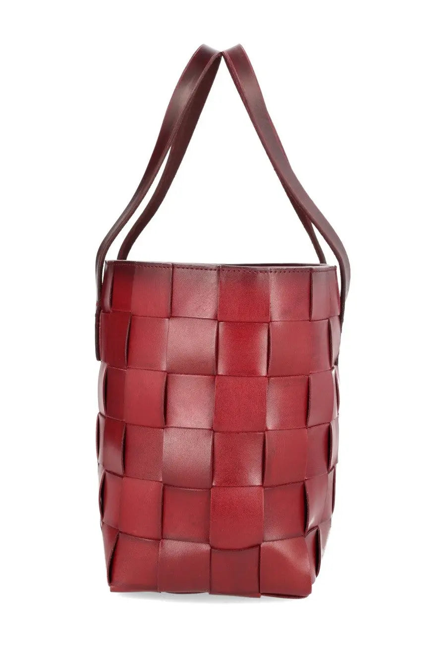Dragon Diffusion women’s Japan tote bag in rich burgundy leather with woven basketweave design and matching handles