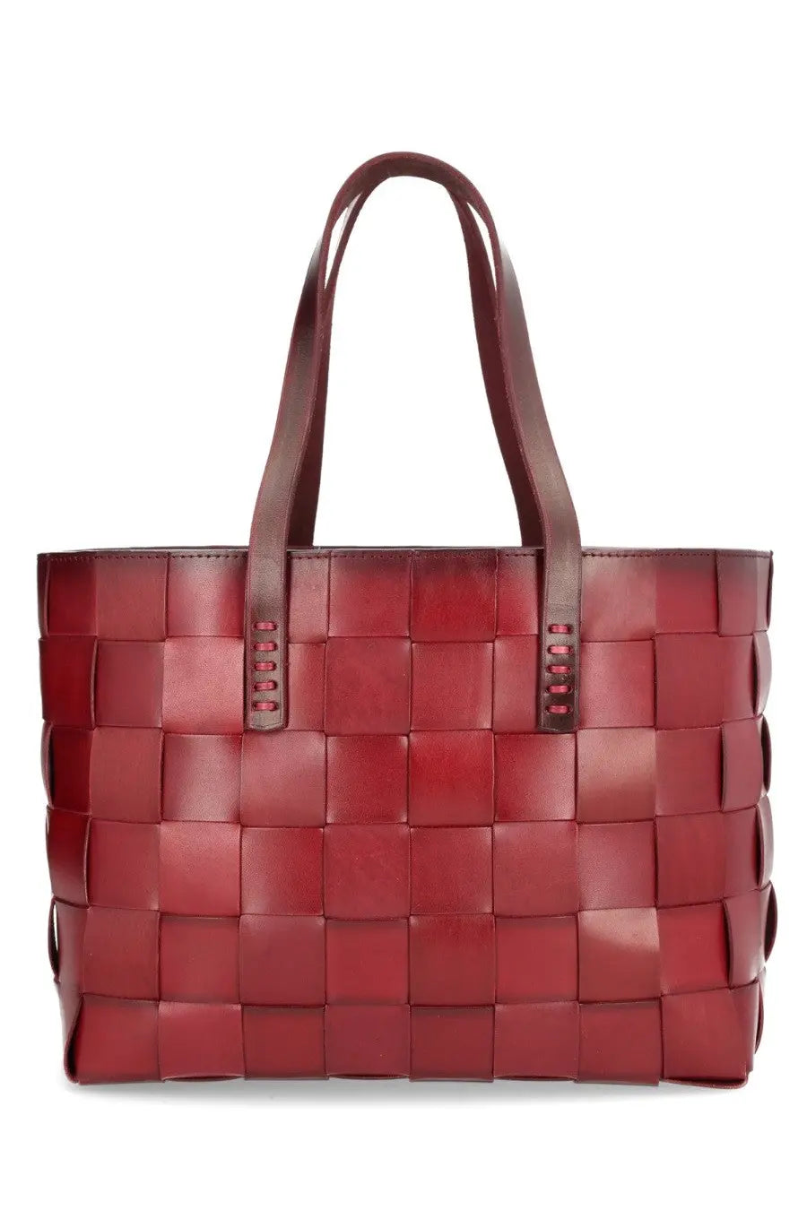 A rich burgundy woven leather tote bag with structured handles from dragon diffusion womens japan collection