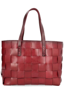 A rich burgundy woven leather tote bag with sturdy handles and grid-like pattern by Dragon Diffusion Women Japan
